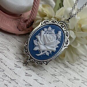 Easter Mother's Day Dusty Blue Teal Blue Rose White Cameo Necklace Silver heart